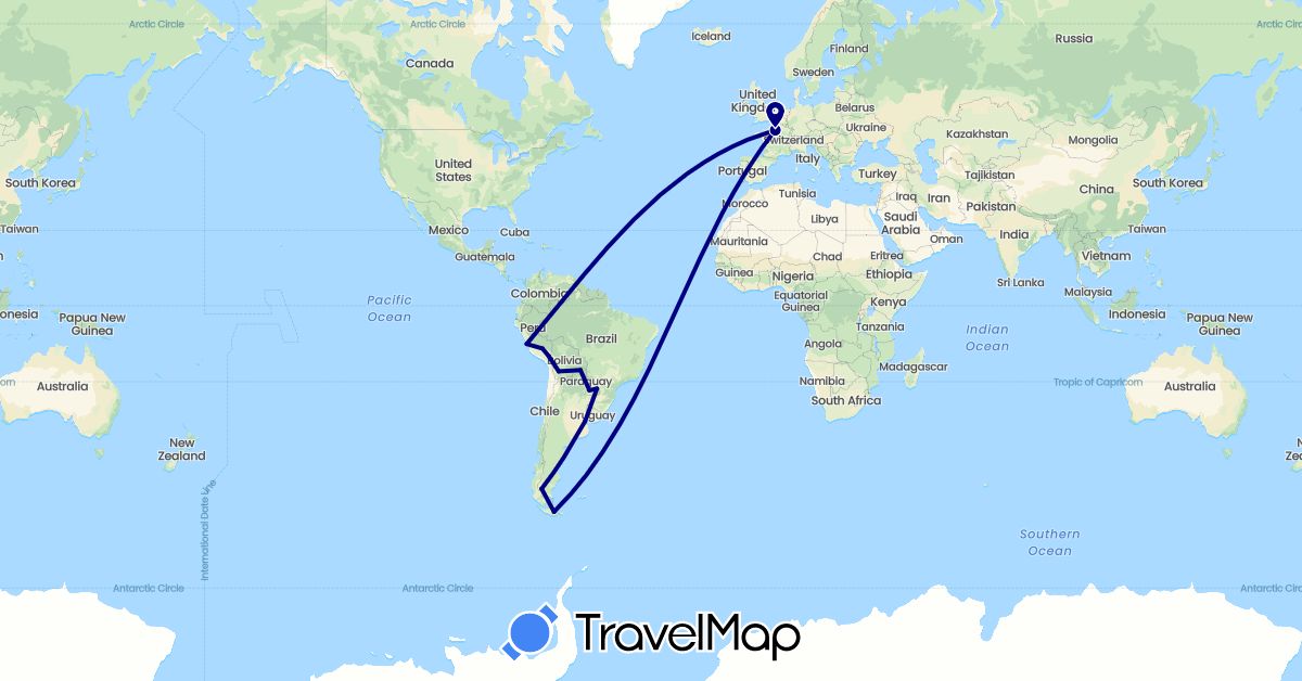TravelMap itinerary: driving in Argentina, Bolivia, France, Peru, Paraguay (Europe, South America)